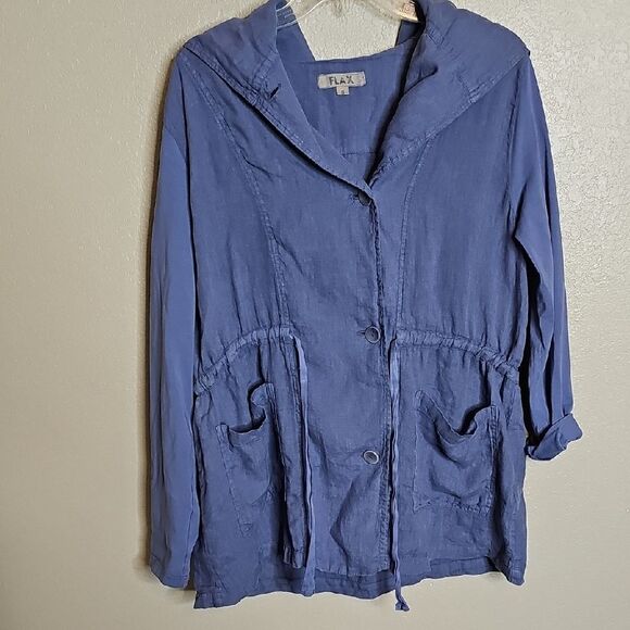 Flax Small Linen Hooded Women's Blue Jacket With Contrast Cotton Knit Sleeves - Picture 1 of 9